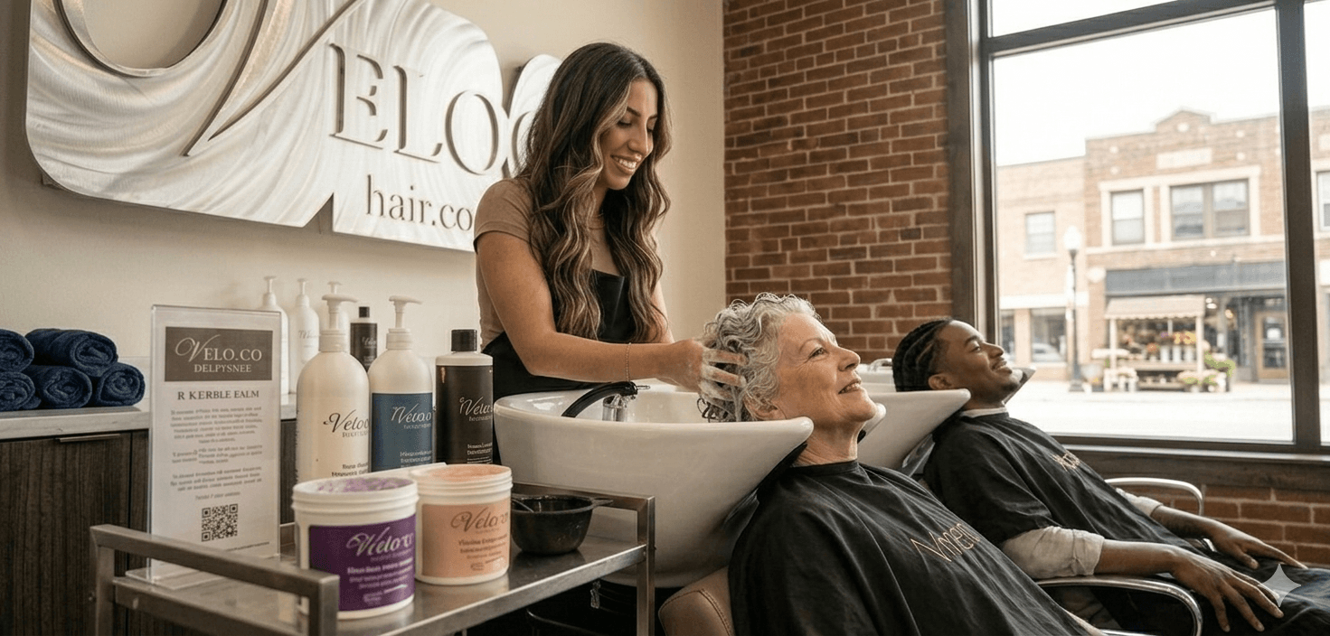 Shampoo bowl ritual — warm water and scalp massage at the Velo shampoo station